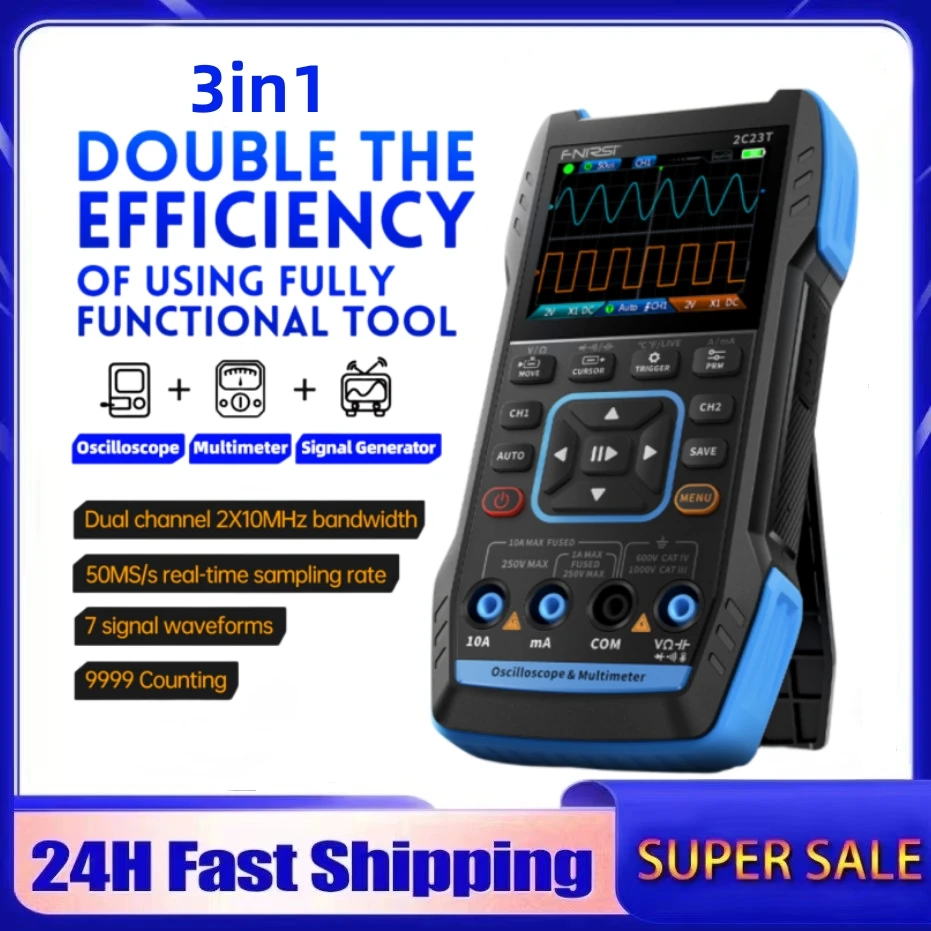 

FNIRSI 2C23T 3 in 1 Multimeter Digital Oscilloscope Function Signal Generator 9999counts AC DC Voltage 50MS/s 10MHz Dual Channel