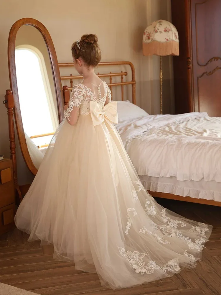 

Elegant wedding flower girl dress, long sleeve lace tulle tutu dress, formal children's wedding party dress, communion ceremony