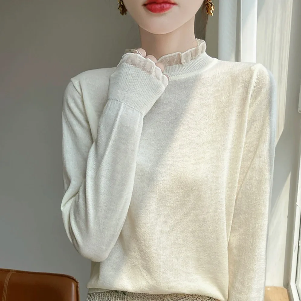 Outlet Lace Collar d Knitted Sweater Women's Semi High Collar Knitwear Bright Tead Spangled Polyester Rabbit Fur Blend