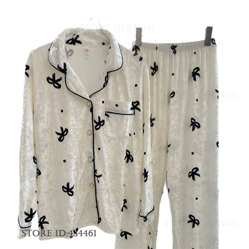 

New Velvet Women's Pajamas 2Pcs Set Simple Comfortable Female Sleepwear Home Clothes Sexy Velour Long Sleeve Trouser Lounge Wear