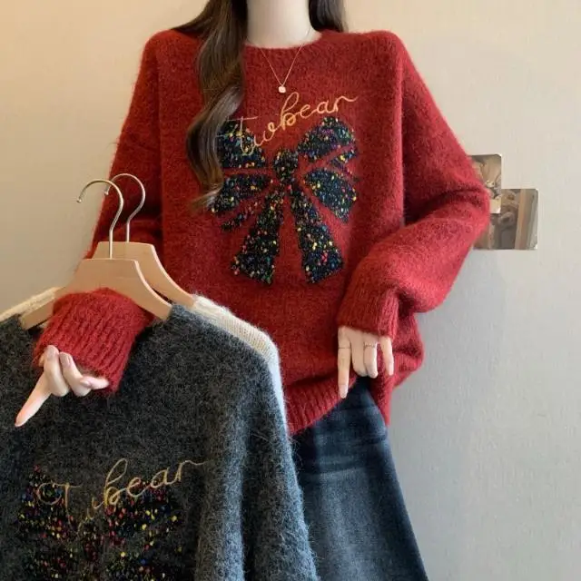 

Винтажный красный жаккардовый вязаный свитер для женщин, зимний, с принтом в виде букв и банта, свободный пуловер, повседневный, модный, теплый, базовый топ