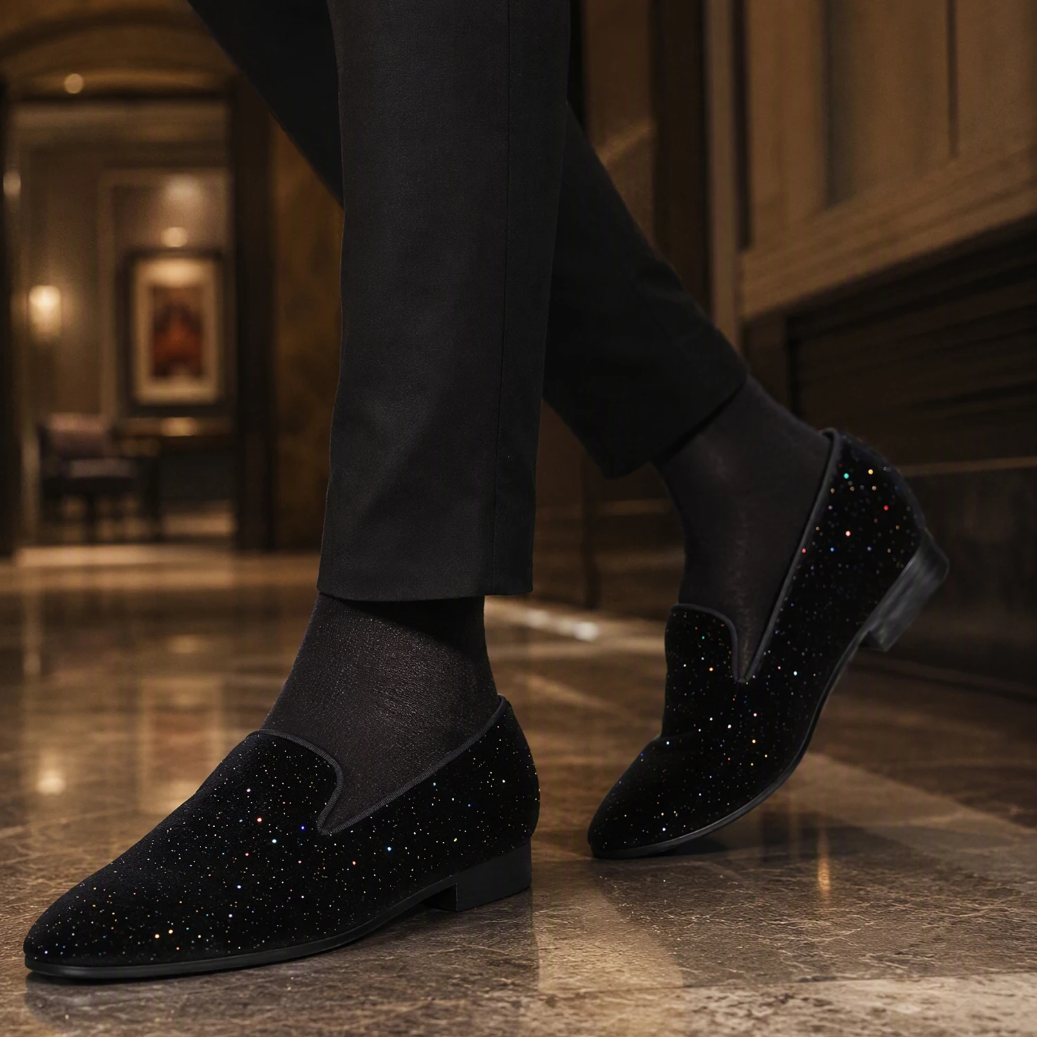 Piergitar Summer Style Shiny Glitters Of Black Velvet Men's Loafers for Weddings & Parties Wear Breathable Leather Inner Lining
