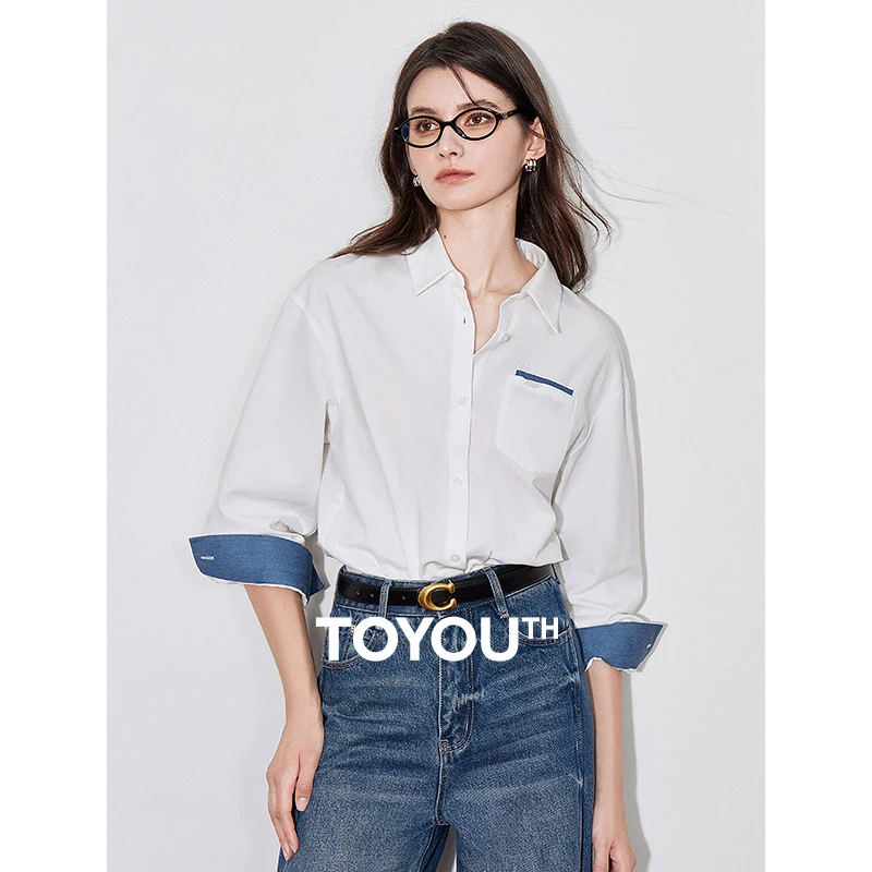 TOYOUTH Women Blouse Shirt 2024 Autumn New Pocket Design Contrasting Color Turn Down Collar Long Sleeve Casual Shirt Tops