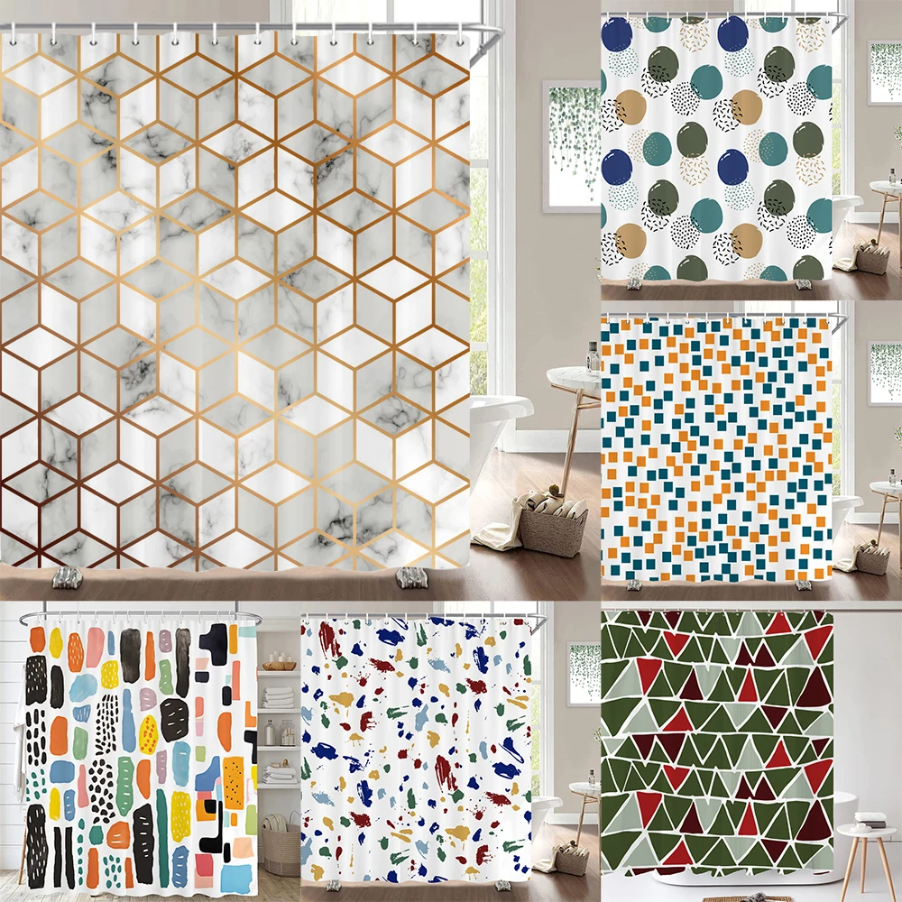 

1 pack of print shower curtain polyester cloth modern geometry pattern bathroom curtains with hooks Home decoration curtain