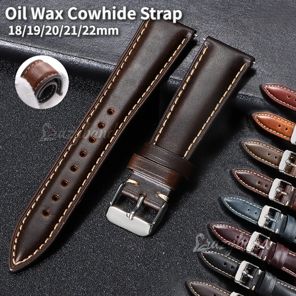 Quick Release Oil Wax Cowhide Watch Strap 18mm 19mm 20mm 21mm 22mm Brown Black Universal Head Layer Leather Band Men Accessories