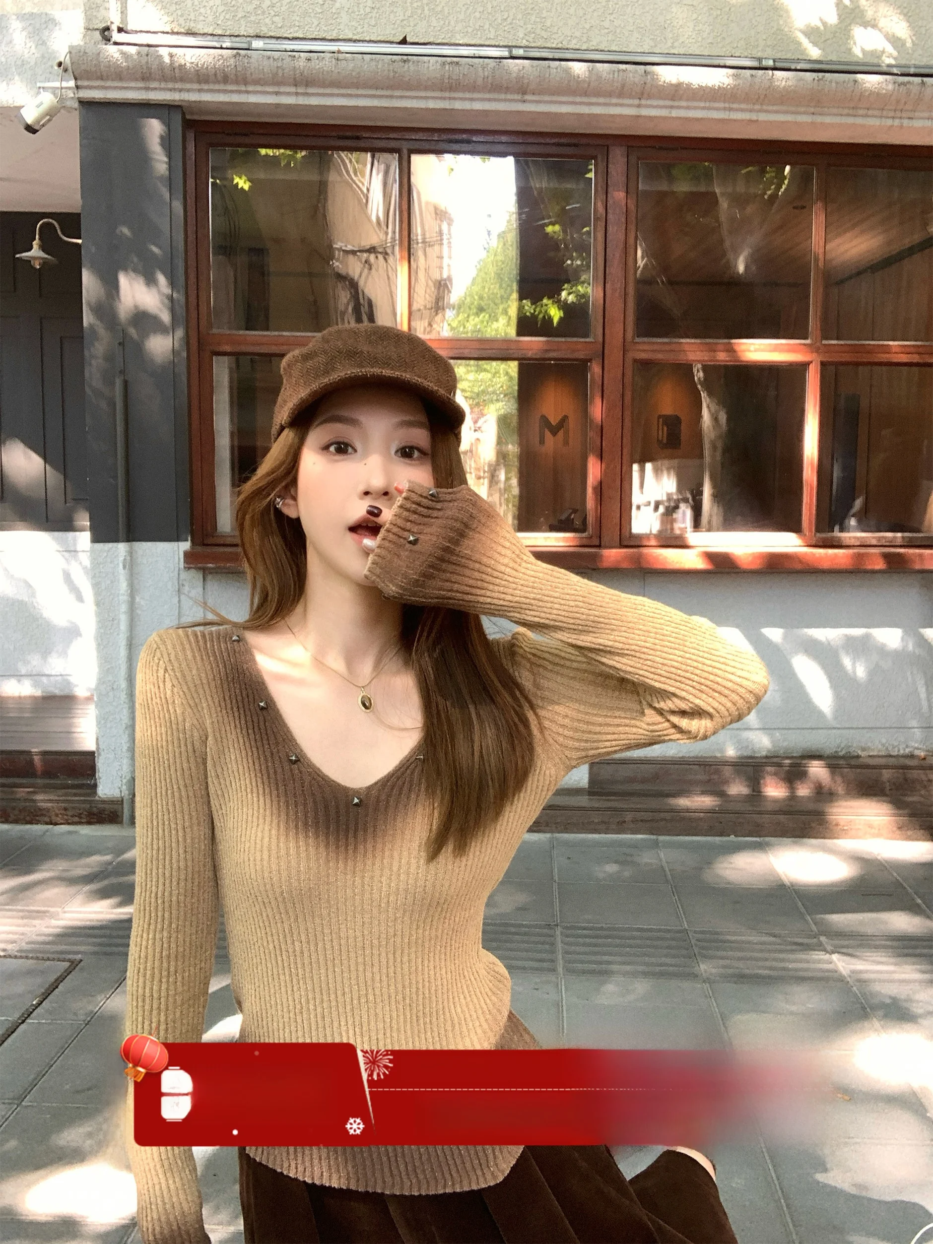 

MLS adient Aesthetic ort Fit V-ne Color Blo Knitwear Women's Autumn New Sle 2025 Retro Striped Base irt