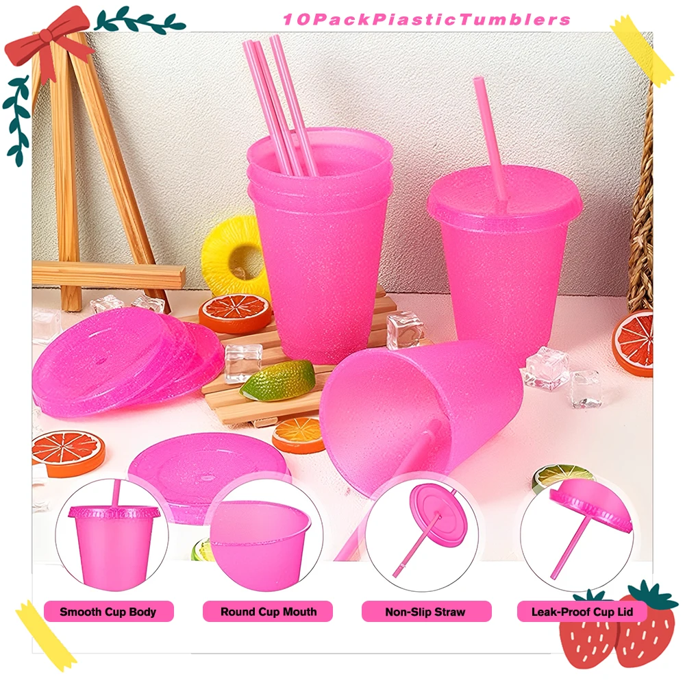 10-Piece Set of Reusable Kids Cups with Straws and Lids 16 Ounces Sparkling Rose Red Kids Travel Cups Plastic Party Cups with Li