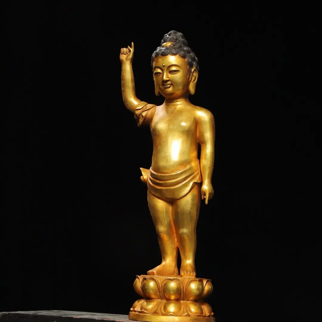 Large Bathing Prince Buddha Shakyamuni Statue Pure Copper Gold Gilded Home Temple Altar Retro Desk Decor Ornament Gift
