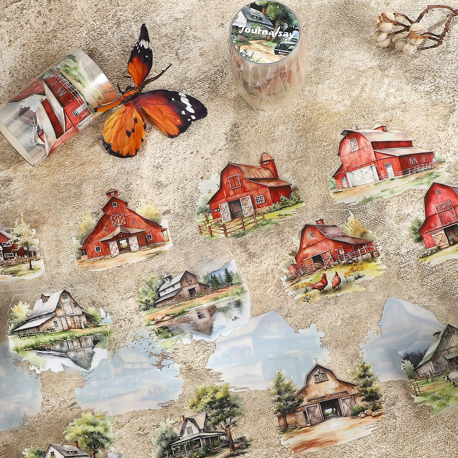 

60mm*200cm Vintage Plant Farm House Barn Landscape PET Tape Creative DIY Journal Material Collage Scrapbook Stationery