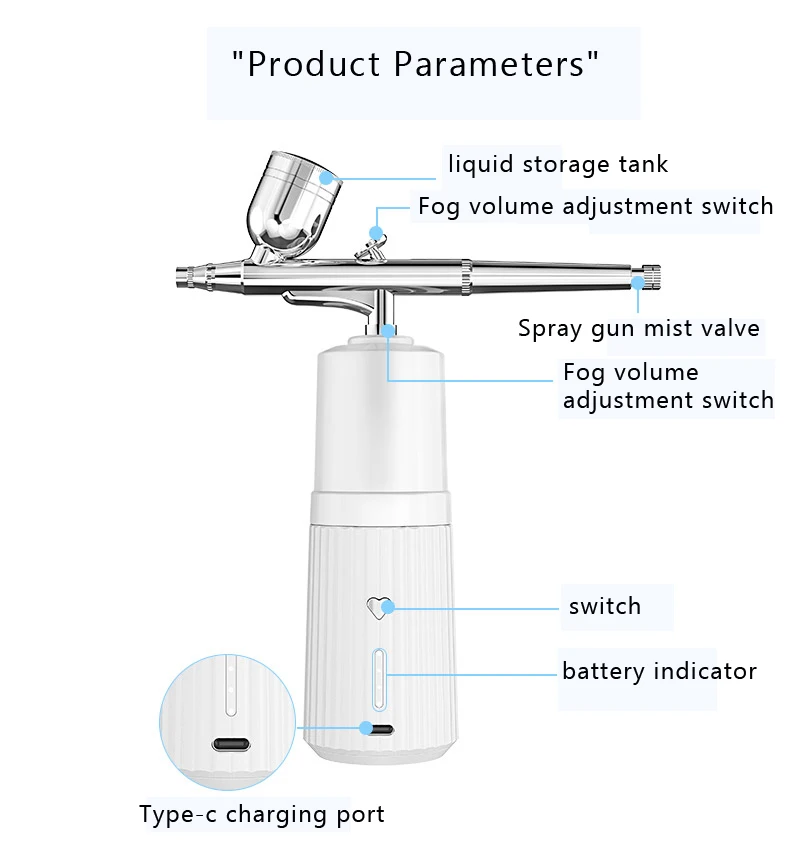 Portable USB Rechargeable Mini Electric High Pressure Oxygen Atomizer Air Compressor Spray Gun Sprayer Oxygen Injector Small Bubble Beauty Nano Skin Facial Hydration Moisturizing Skin Care Tools