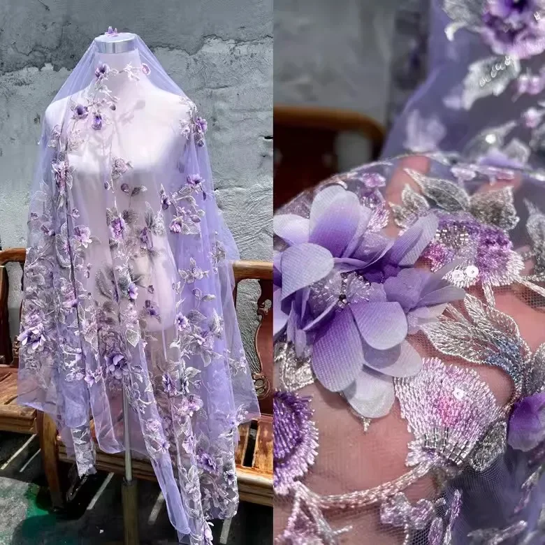 

Тяжелый бисер, фиолетовый 3D цветок и вышивка, сетчатая ткань, высококачественная ткань для одежды