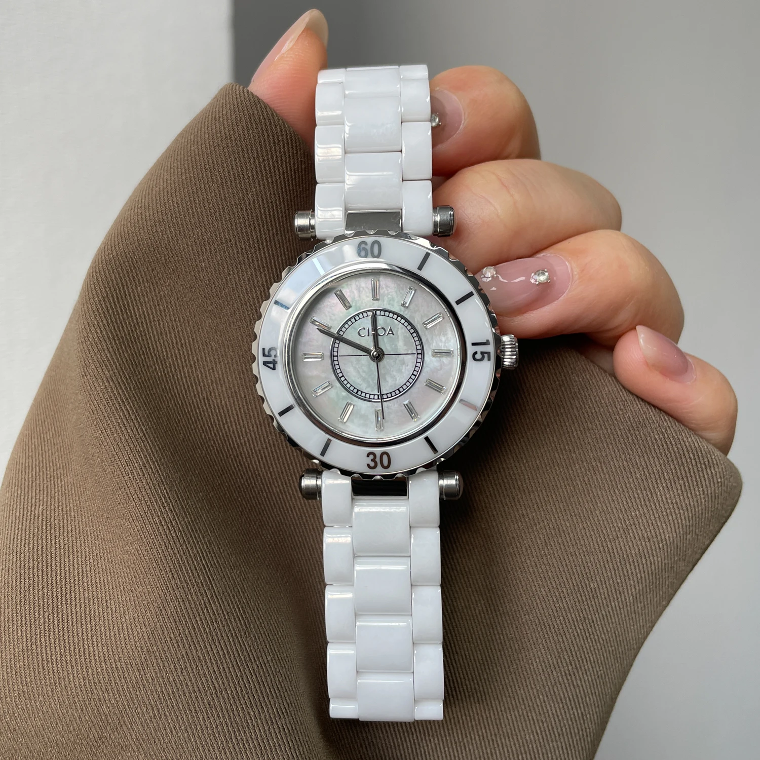 CILOA-Women White Ceramic Watch, Mother of Pearl Dial Multi-function Quartz Wristwatch-751