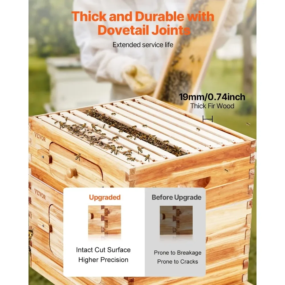 

VEVOR Bee Hive 20 Frame Bee Hives Starter Kit, Beeswax Coated Fir Wood, 1 Deep + 1 Medium Bee Boxes Langstroth Beehive Kit, Tran