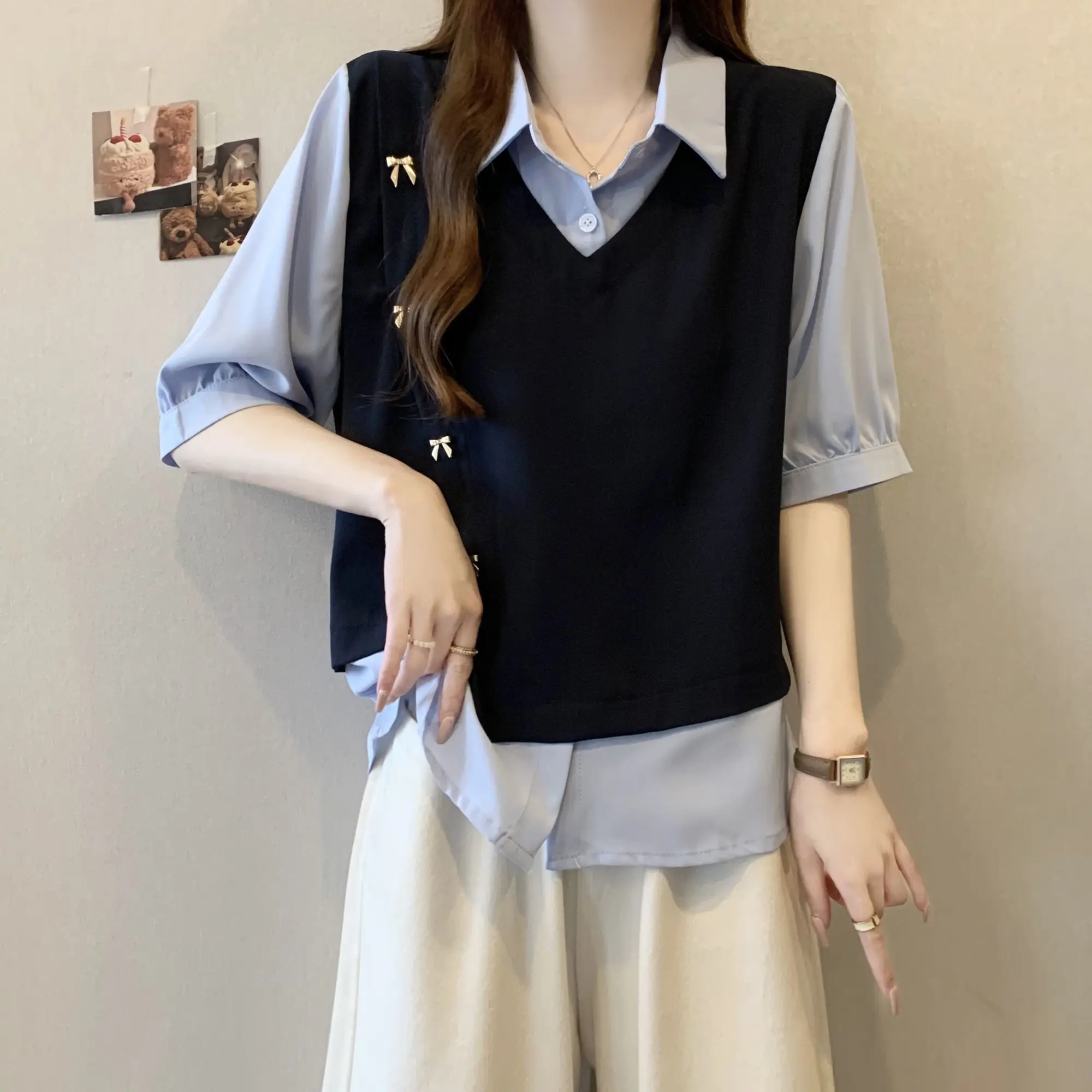 

Summer New Arrival Pseudo Two-Piece Short Sleeve Shirt Chiffon Top