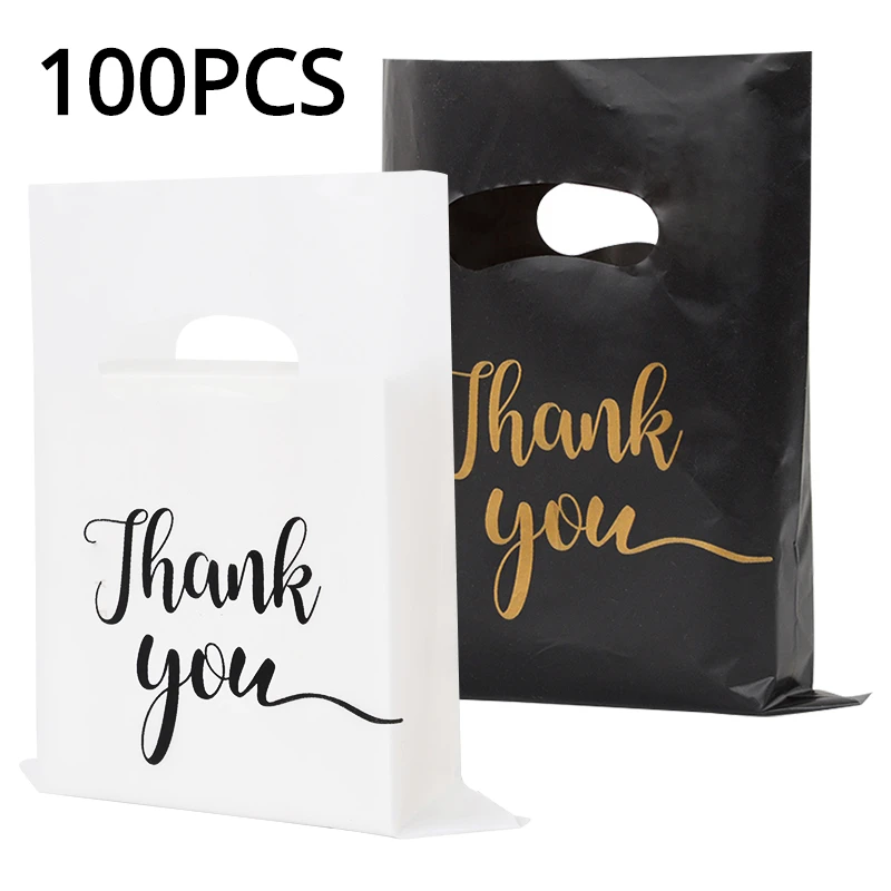 100PCS White Plastic Tote Bag Thank You Printed Shopping Bags Commodity Shopping Packaging Small Gifts Decorative Bag for Party