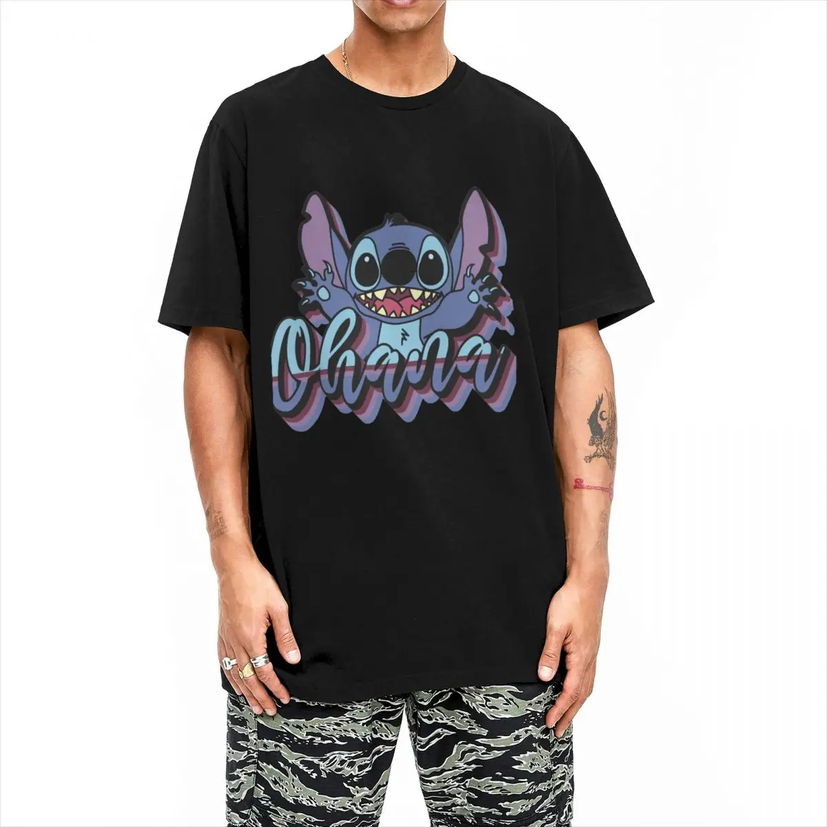 Ohana Vibes Stitch Men Women T Shirt Novelty Tees Short Sleeve Crewneck T-Shirt Pure Cotton Plus Size Clothing