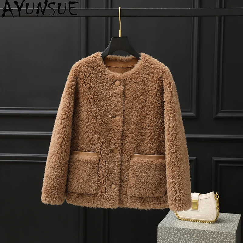 

AYUNSUE 100% Wool Fur Coat Women 2025 Real Sheep Shearling Jacket Winter Clothing Female Korean Composite Fur Пальто Женское
