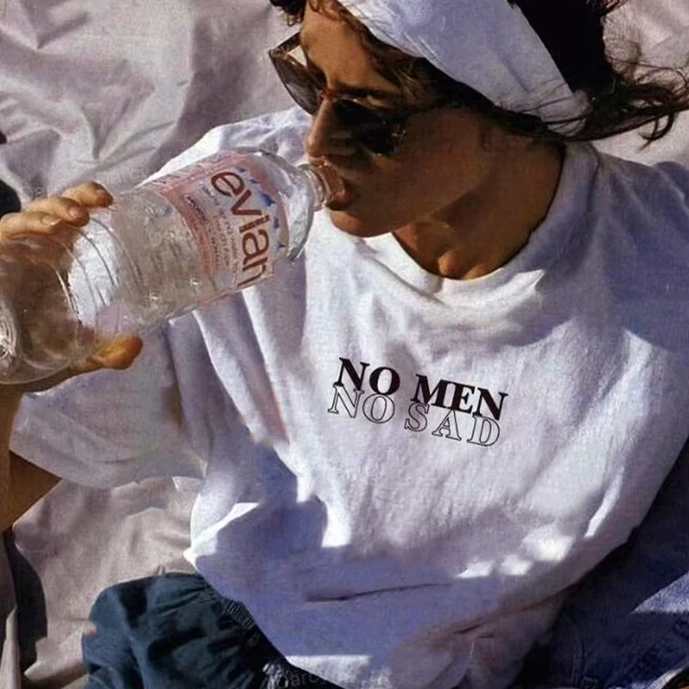 

No Men No Sad Slogan Letters Printing Funny T Shirts White Short Sleeve Loose Cotton Casual Tops Tees Street Fashion Shirt Women