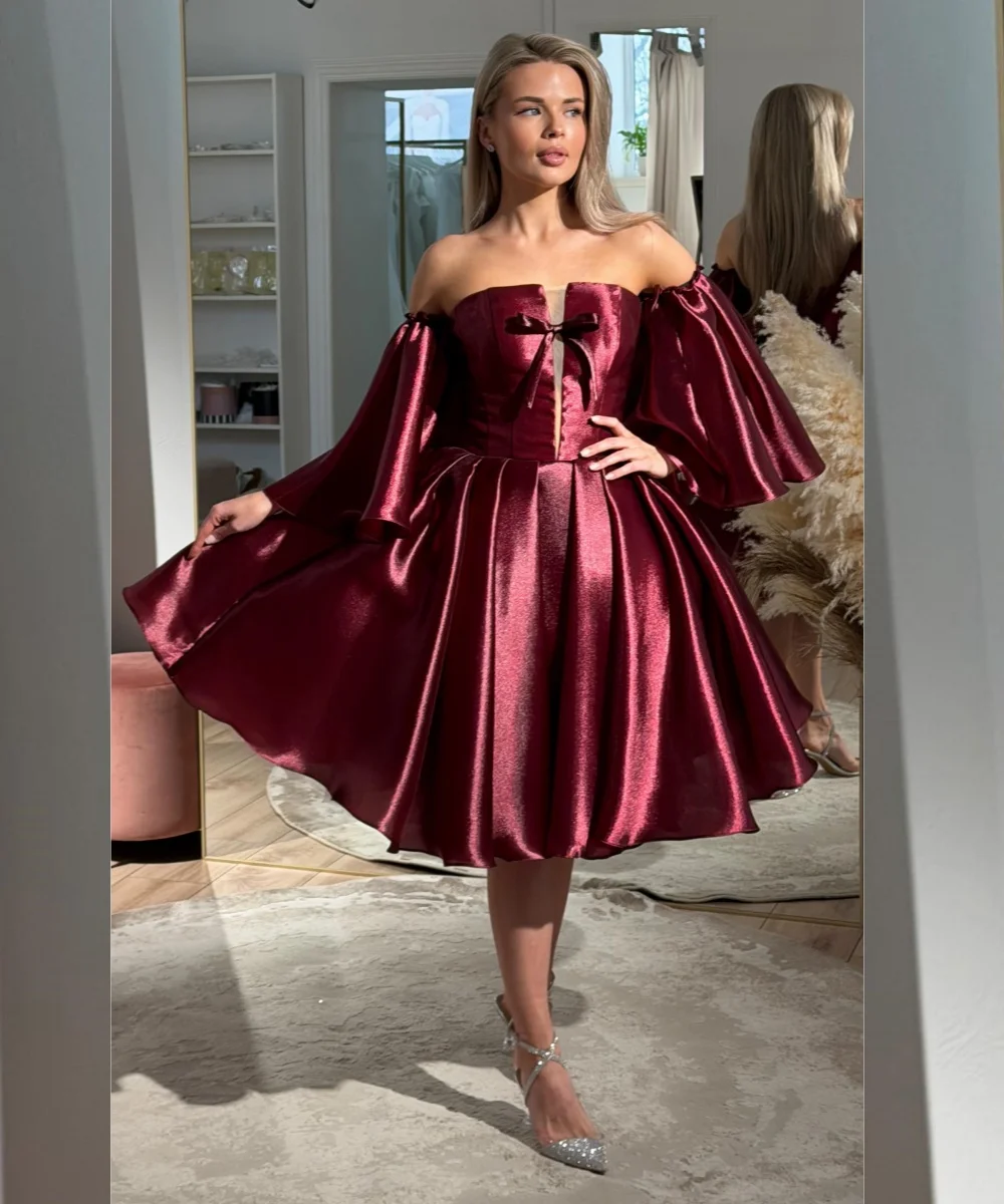 

Customized Formal Charmeuse Pleat Bow A-line Off-the-shoulder Knee Length Bespoke Occasion Evening Dresses Fashion