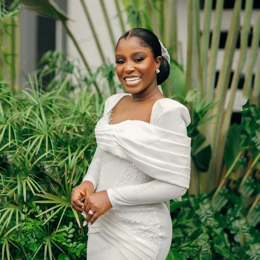 Civil White Wedding Dresses for Bride Sheer Neck Long Sleeves Tea Length Pearls Corset Nigeria Court Bridal Gown Customized image 3