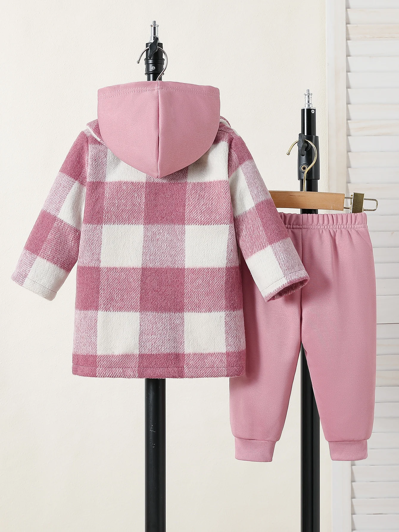 Baby girl autumn outfit sweet pink white plaid jacket hooded sweatshirt long pants three piece set daily street wear