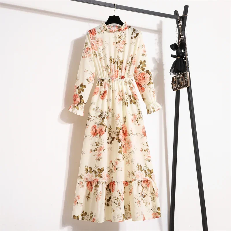 

Vintage Printed Floral Zipper Casual Long Dress Women Autumn Spring new Vestidoes Woman Chiffon Dresses Full Sleeve Maxi Dresses