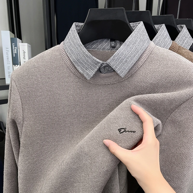 

New Hot Sale Luxury Men's Knit Sweater Lapel Print Thicken Pullover Trend Fake Two Pieces Business Design Warm Brand Men's Wear