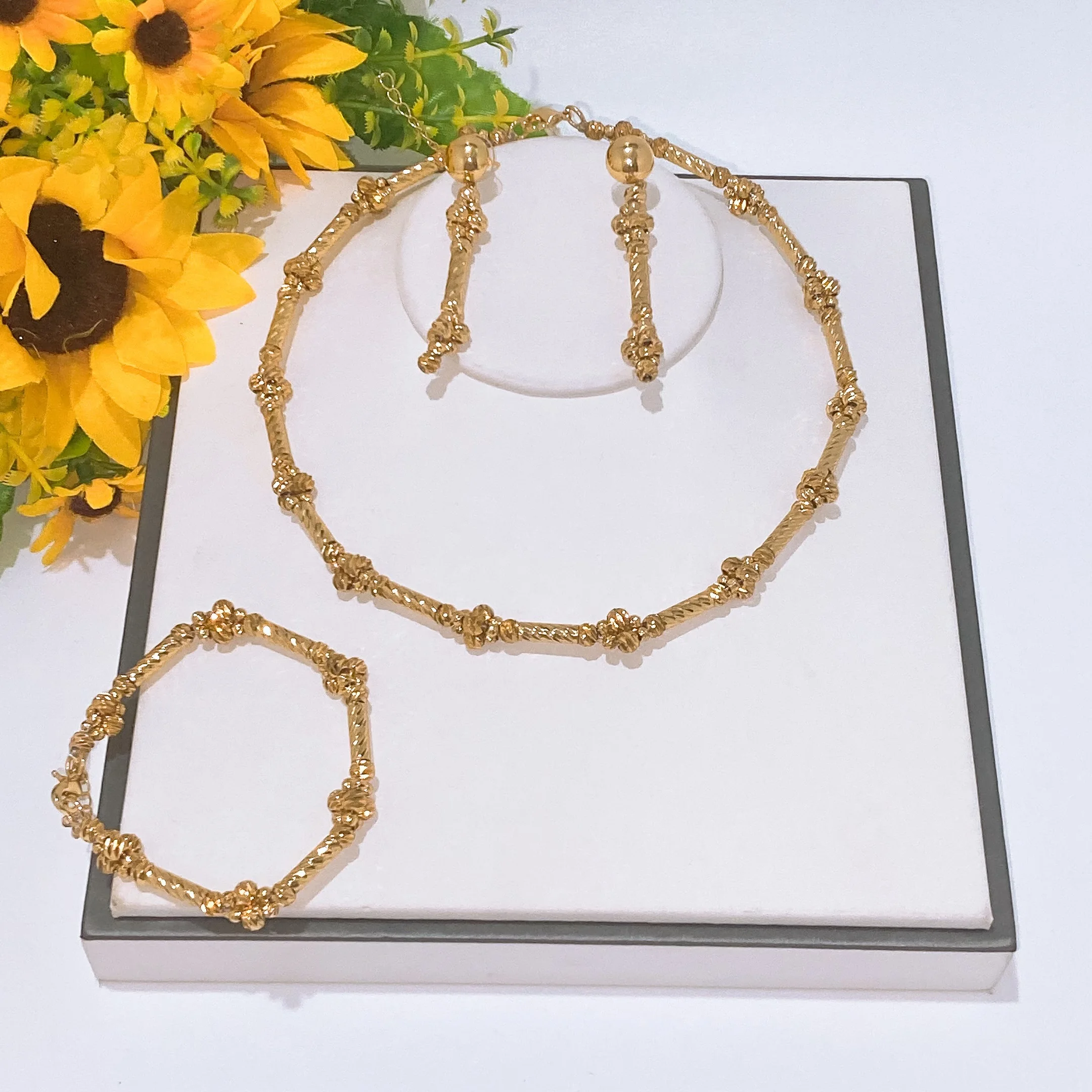 24K Gold Plated Dubai African Bamboo Bead Jewelry Set for Women Necklace Earrings Ring Tricolor Optional Wedding Bridal Party