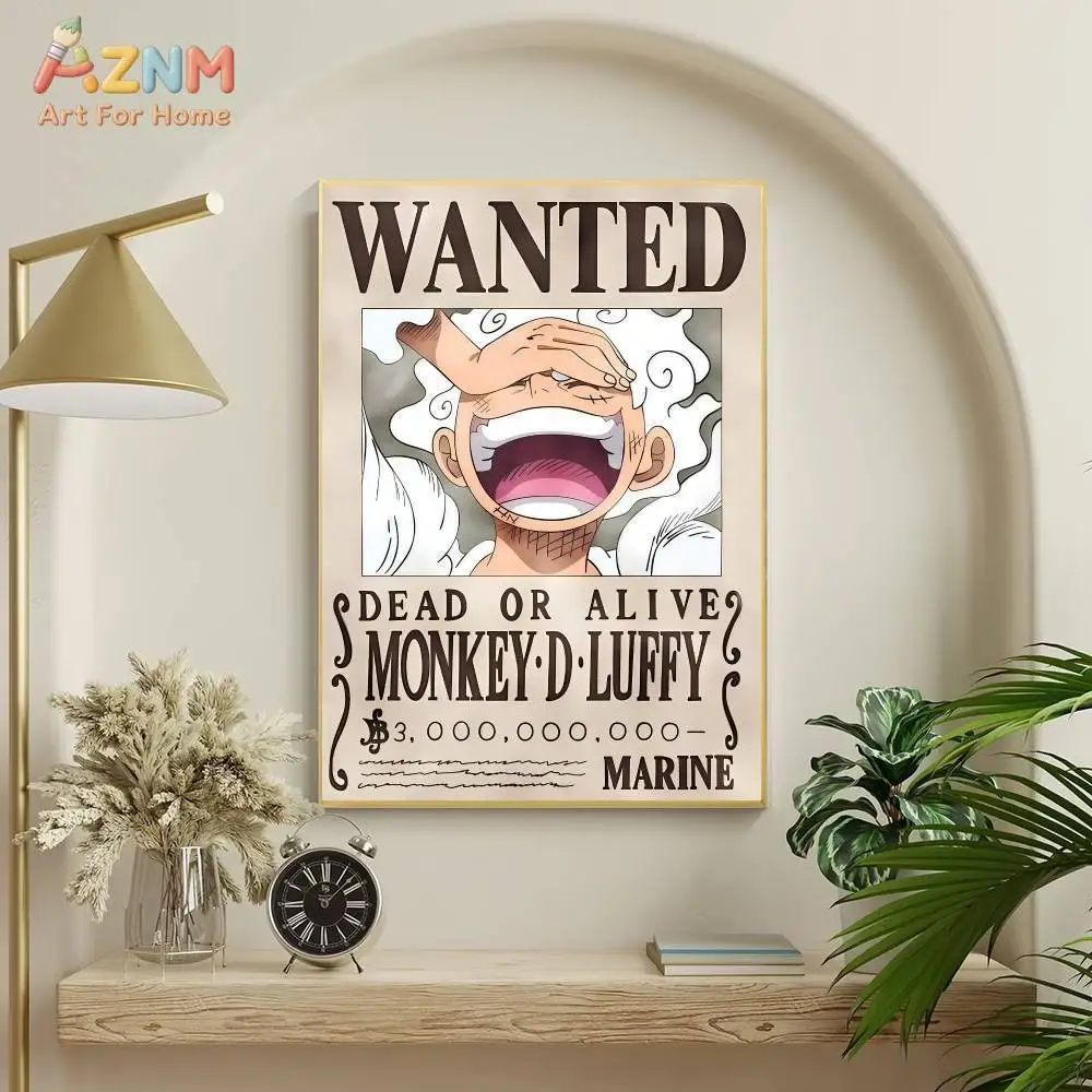 AZNM One Piece Luffy Gear 5 Nika Wanted Poster 3 Billion Bounty Anime Frameless Canvas Wall Art, Modern Home Living Room Bedroom