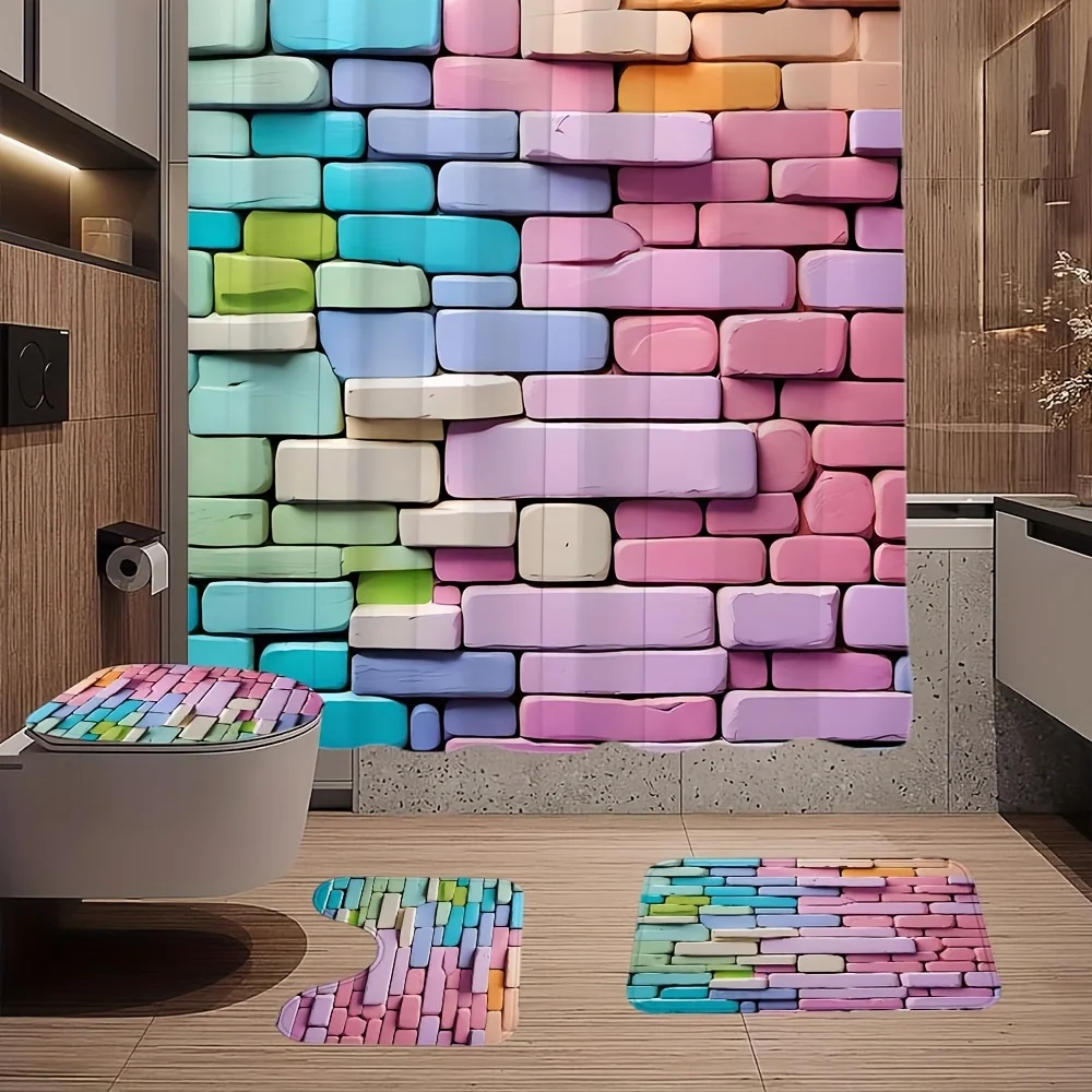 

1/4 шт. цветных шторок для душа с рисунком кирпичной кладки, комплект шторок для душа, полиэстеровая шторка для душа с 12 крючками, нескользящий коврик для пола, в комплекте