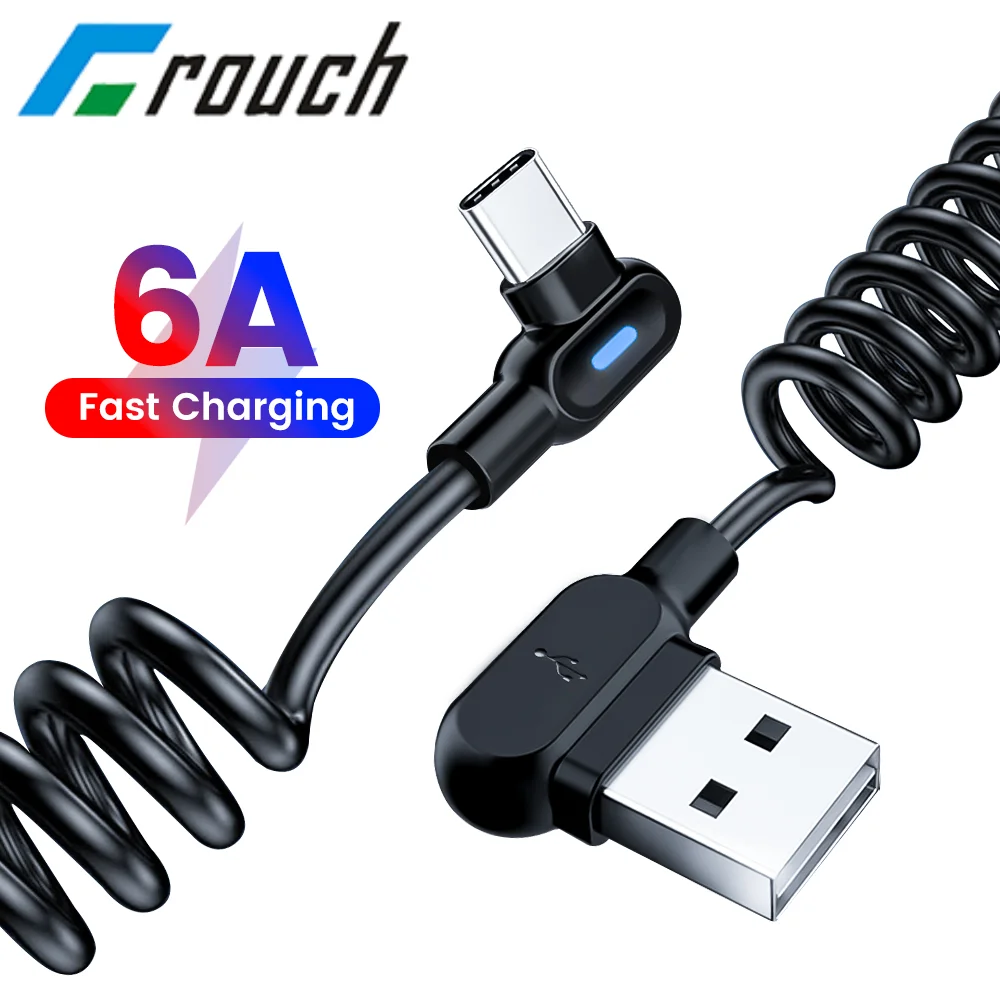 0.4-1.5M Retractable Double Elbow USB Type C Cable 6A Fast Charging USB C Cable 90 Degree Spring Data Wire For Huawei Xiaomi LG