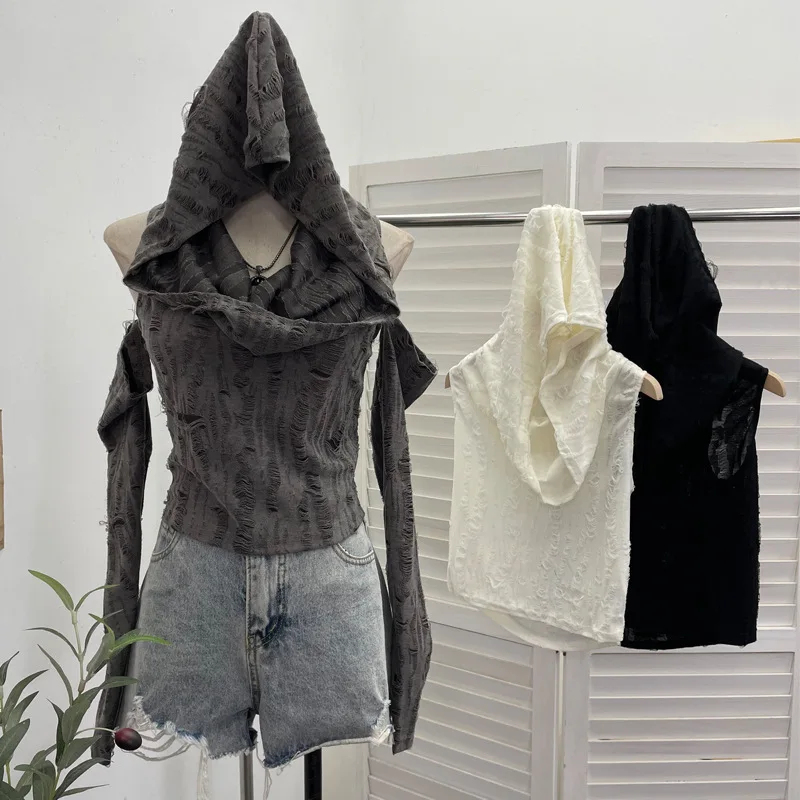 Sexy Wasteland Style Worn And Tattered Top Distressed Hooded T-Shirt With Draped Neck Short Spicy Girl Sleeve-Attached Top 9183