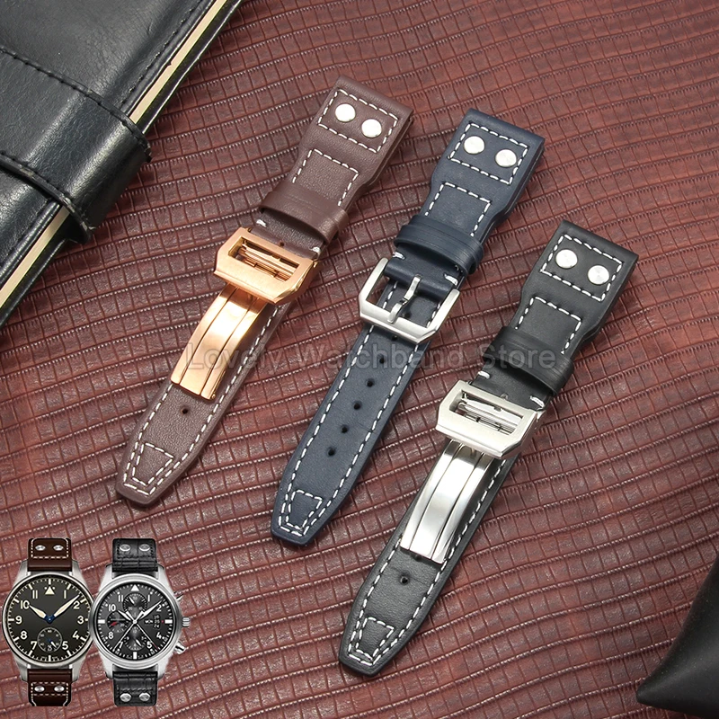 Waterproof Sweatproof Durable Genuine Leather Watchband for IWC Portugieser Mark 18 Spitfire Needle Buckle Flat Interface Formal