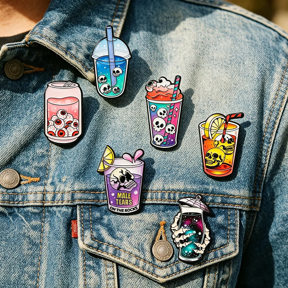 6pcs Cool Halloween Enamel Pin Collection Spooky Skull Eyeball Soda Milk Tea Cup Metal Brooches Gothic Accessories Gift - view 6