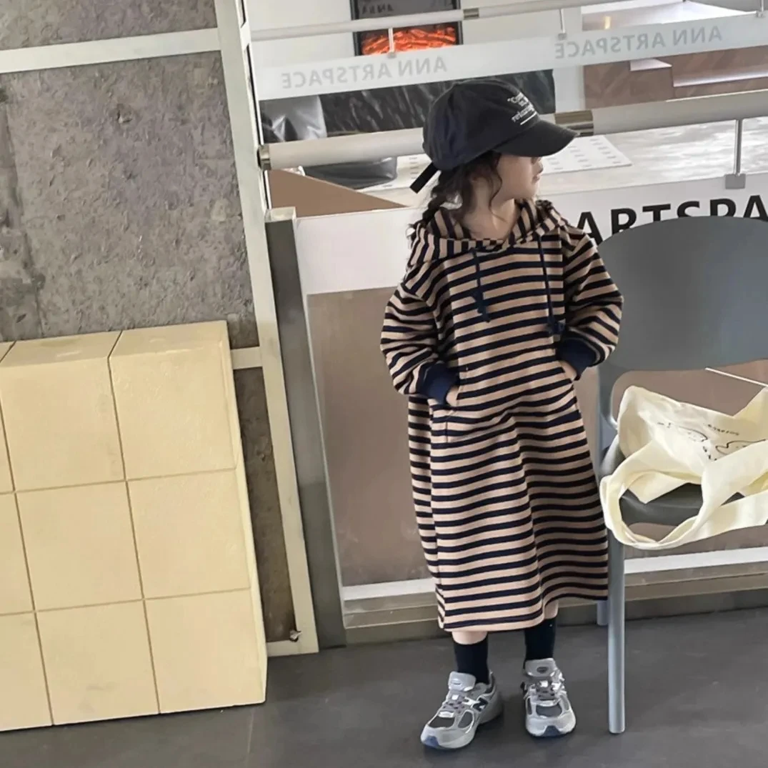 2-12 Years Kids Striped Hoodies Dresses for Girls Casual Loose Long Dress Children Casual Hooded Dress Toddler Fall Outfits  8 9