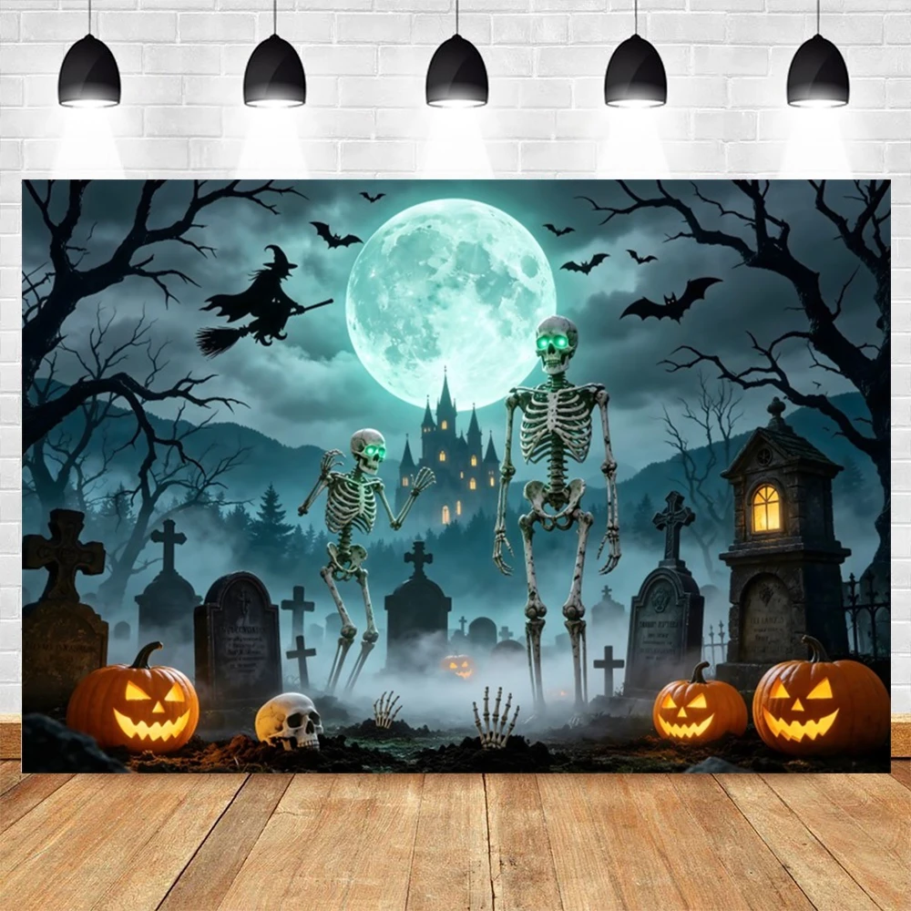 Halloween Full Moon Suburbs Cemetery Backdrop Scary Skull Castle Pumpkin Lantern Family Festival Party Decor Photo Background
