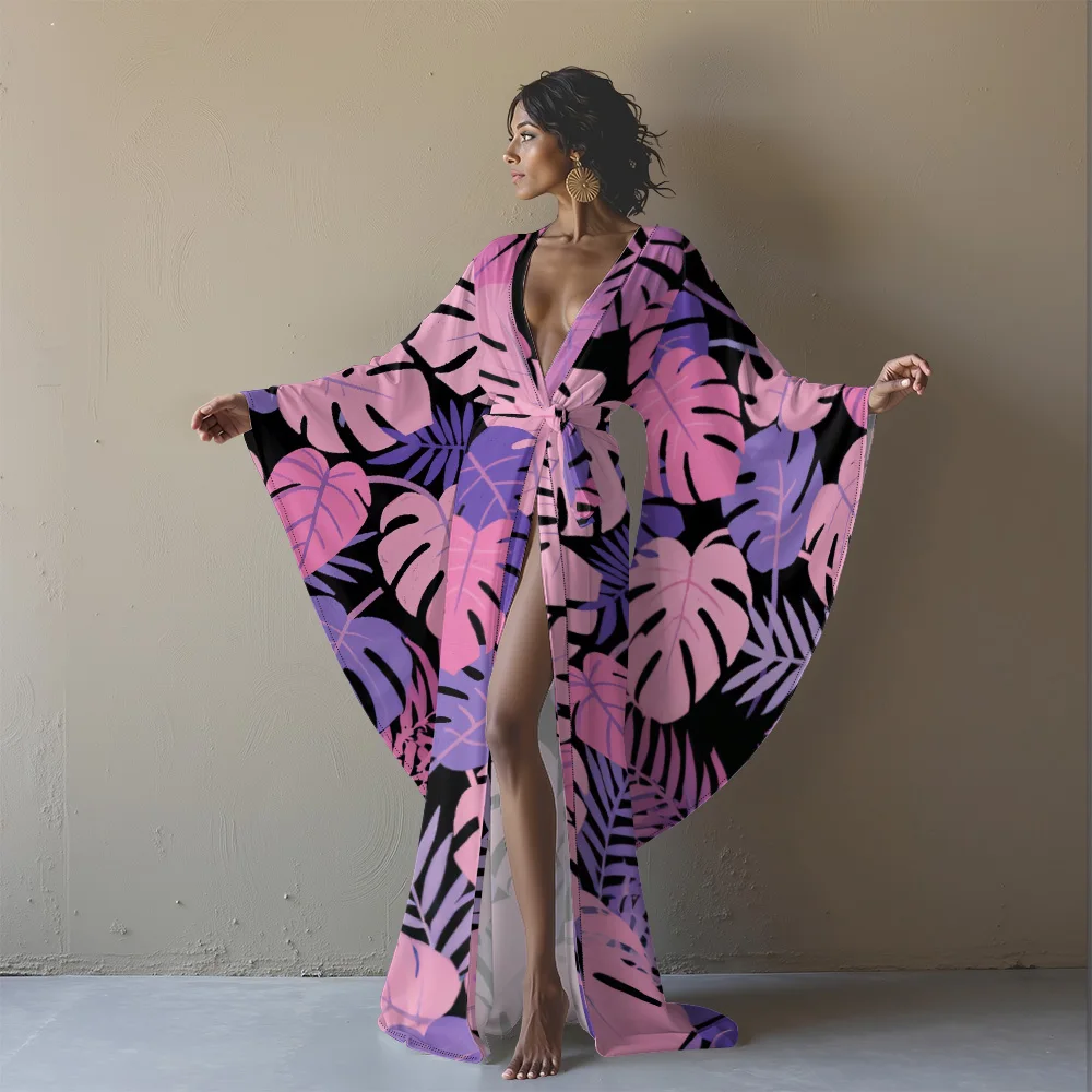 Women's Sexy Tropical Leaf Print Kimono Bathrobe with High Slit & Belt Long Sleeve Open Front Robe Sexy Tropical Cover-up