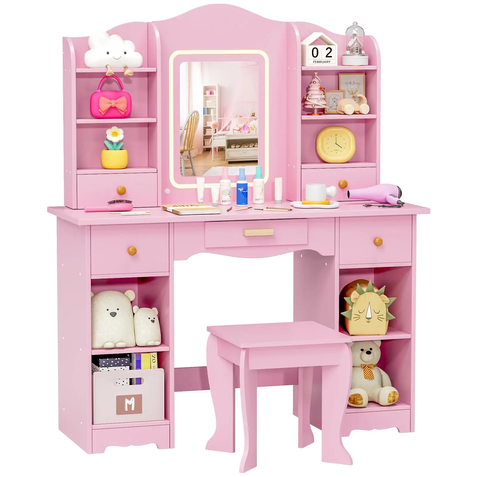 Kinder Schminktisch Set,Prinzessin Frisiertisch aus Holz,95x34x118cm,mit LED Beleuchtung,Kinderschminktisch mit Spiegel,Schreibtisch mit Hocker,5 Schubladen,10 Staufächern