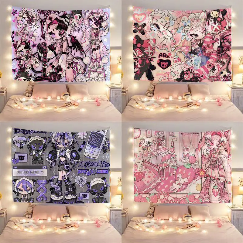 Cartoon Punk Style Wall Tapestry Unique Headboard Background for Student Dormitory Bedroom Decor
