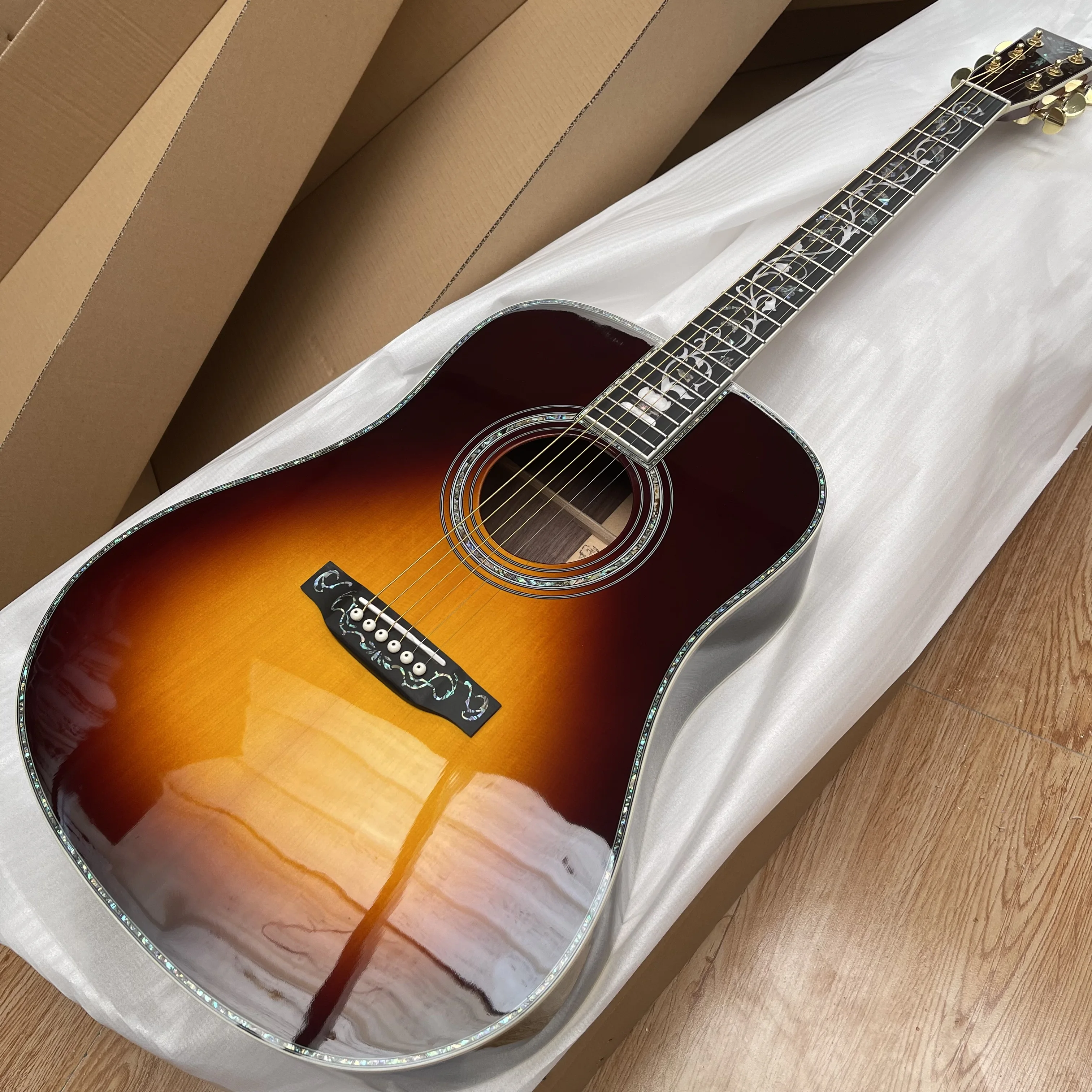 New  Acoustic Guitar D45 Model Solid Spruce Real Abalone Ebony Fingerboard/Bridge Bone nut In Sunburst 241019