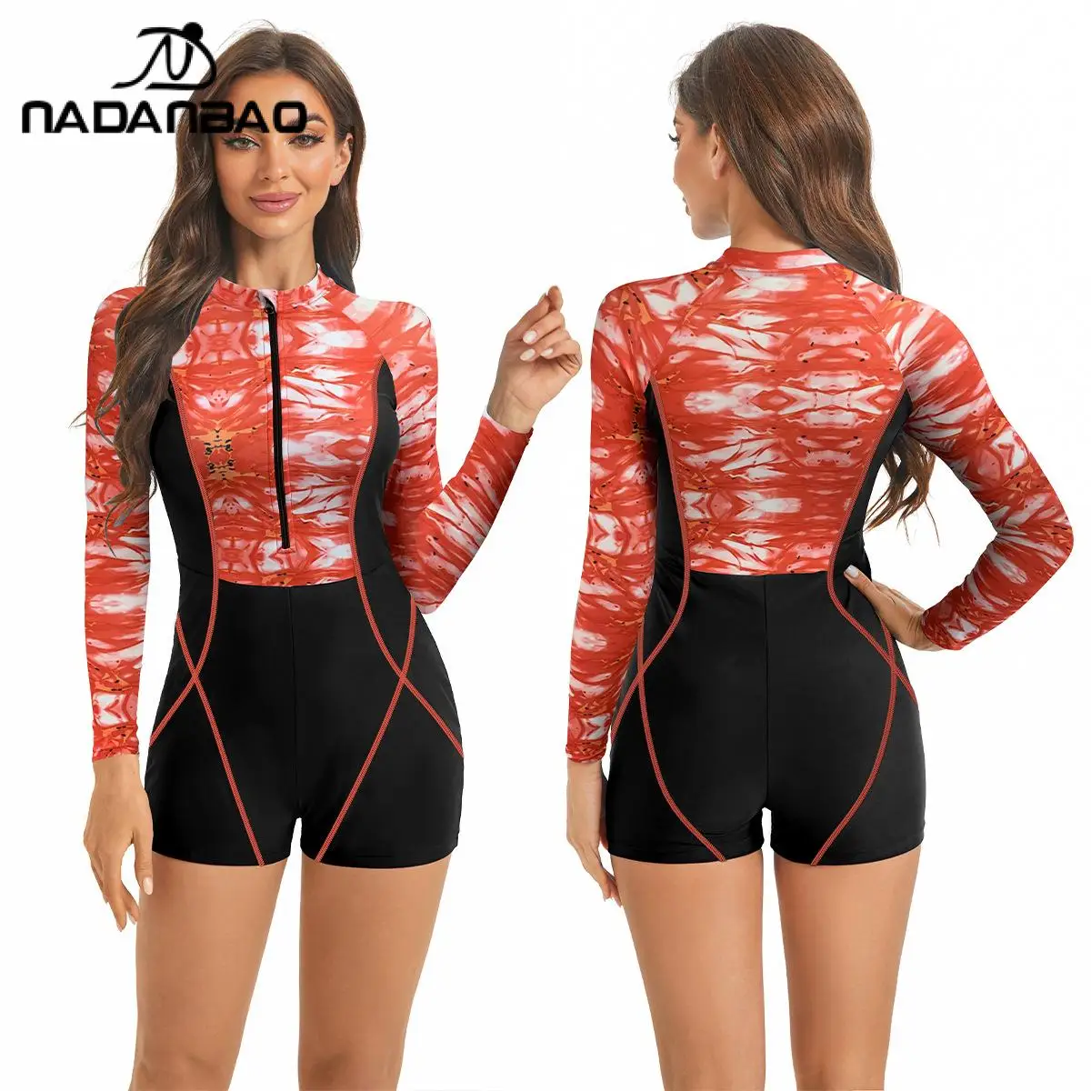 

Nadanbao Long Sleeve Sports Swimwear Women Zipper Floral Print One-Piece Swimsuit Female Sexy Bodysuit Beach Surfing Beachwear