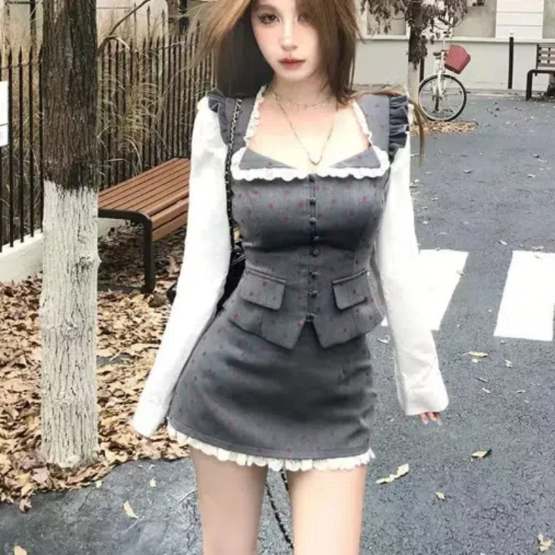 Winter Grey Vintage New Two Piece Set Women Kawaii Lace Tops+sweet Mini Skirt Female Japan Fashion Elegancki japoński garnitur 2024