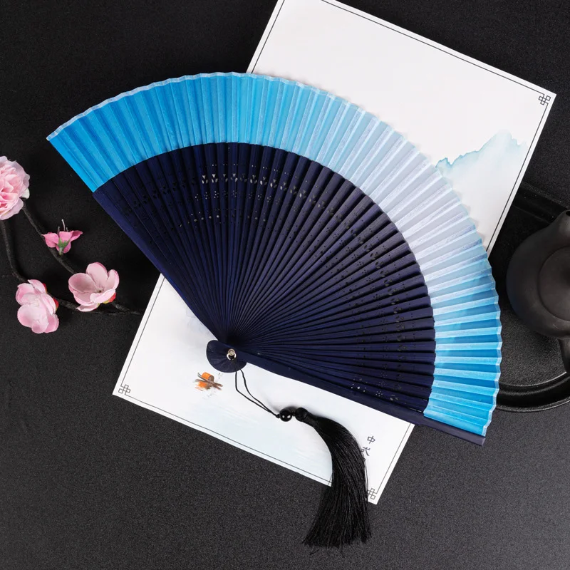 Carved Bamboo Folding Fan Vintage Chinese Pure Color Wooden Fans Hanfu Dance Performance Hand Fan Prop Wedding Party Home Decor