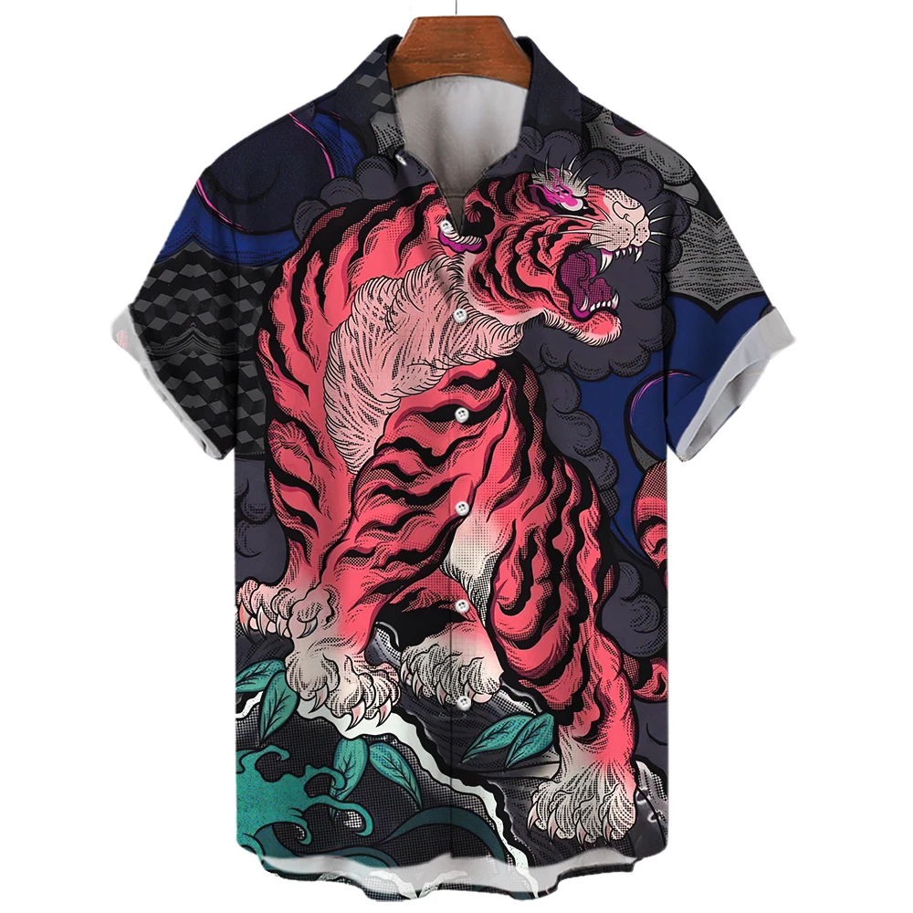 Hawaiian Men's Oversized Casual Shirt 3d Print Dragon and Tiger Luxury Streetwear Clothes for Short Sleeve Lapel Vintage