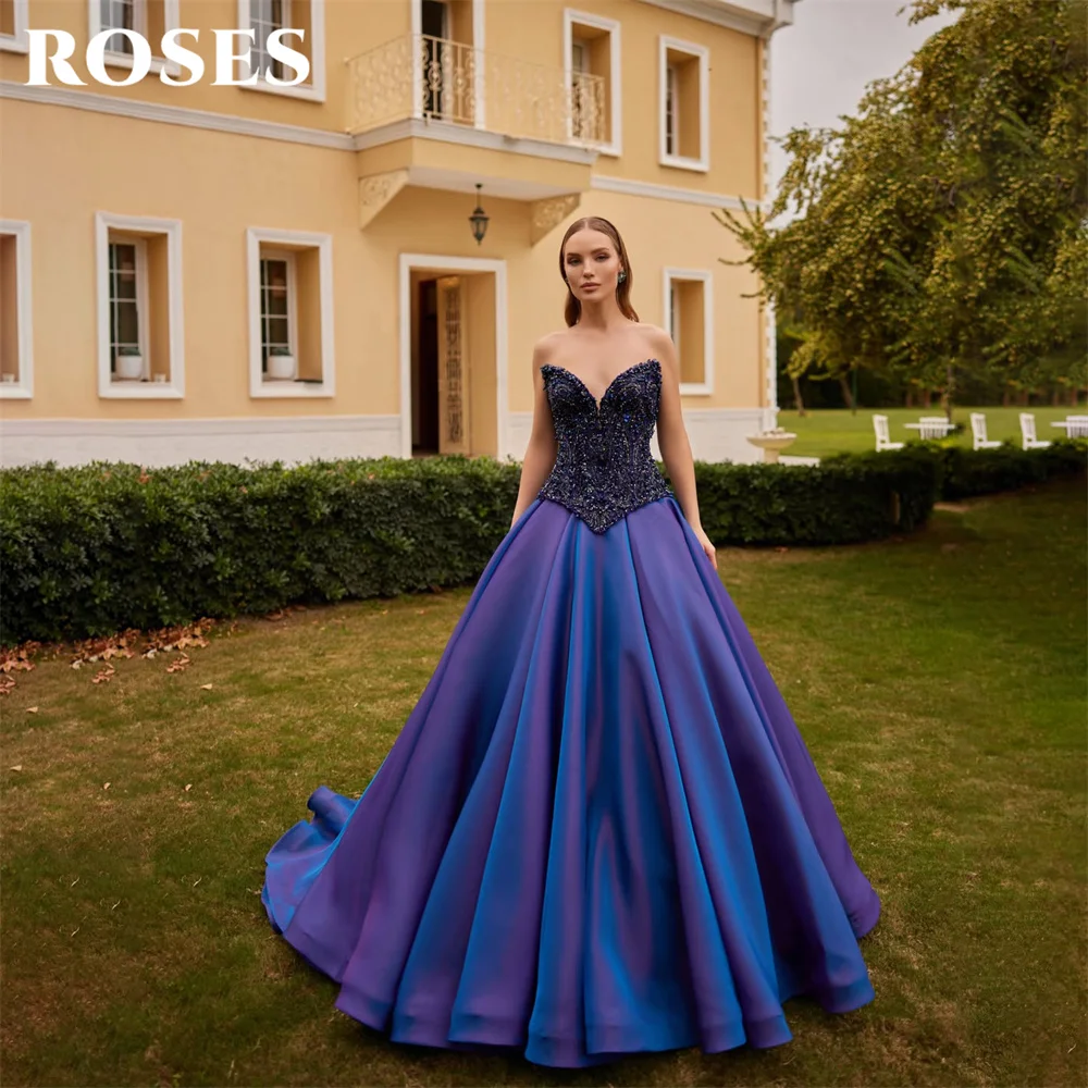 

ROSES Ombre Blue Evening Dress V Neck Sleeveless Prom Dresses with Beaded Bodice Celebrity Dress A Line 프롬 드레스 Customized