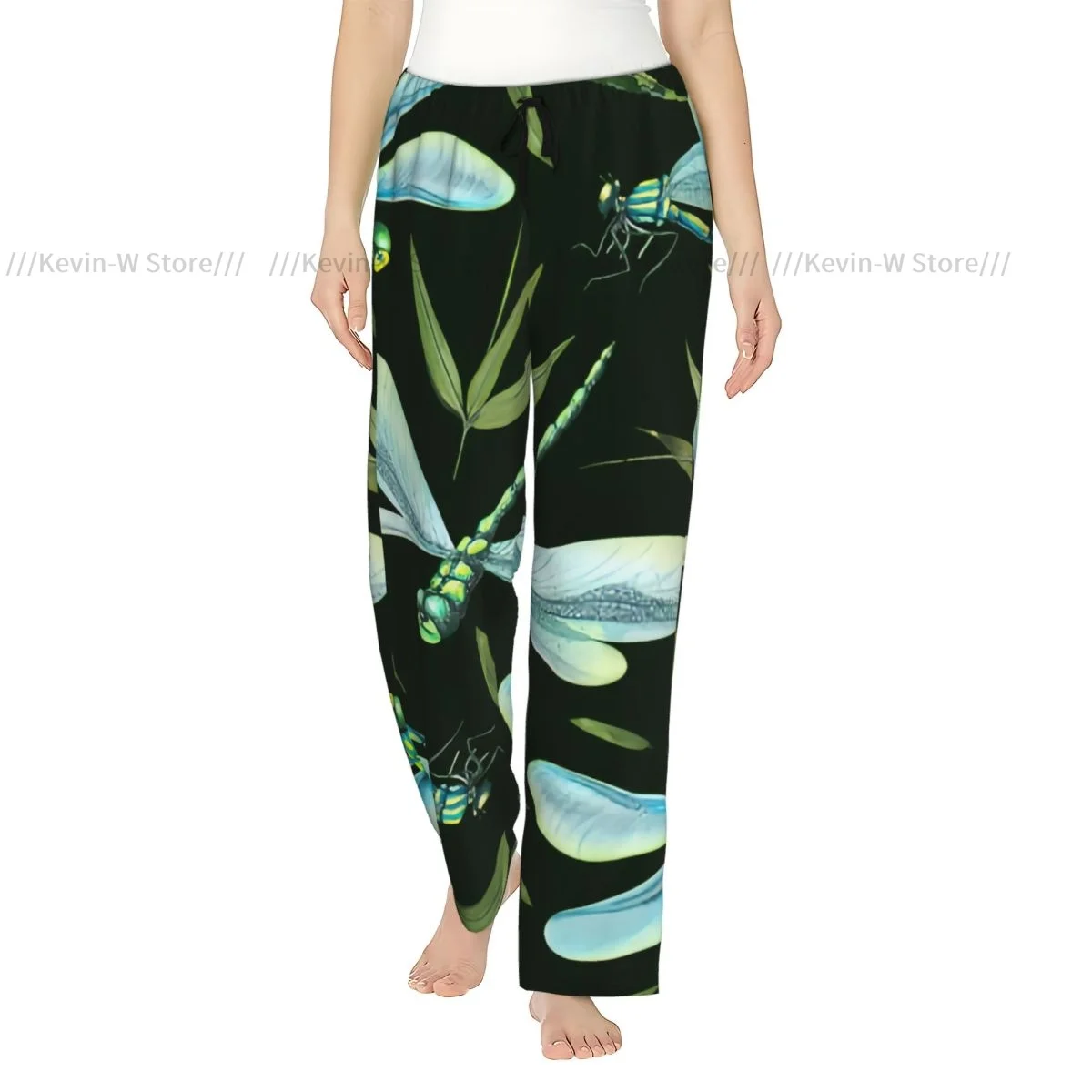 

Women Flannel Pajama Bottoms Soft Fleece Dragonflies With Bamboo Leaves Sleep Pants with Drawstring Waist