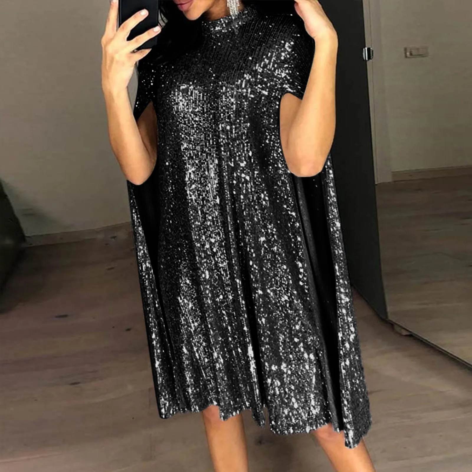 Robe de Cocktail à Manches sulfet Col Haut pour Femme, Tenue Élégante à Paillettes de Couleur Unie, Coupe Cintrée, Quelles que soient les Robes