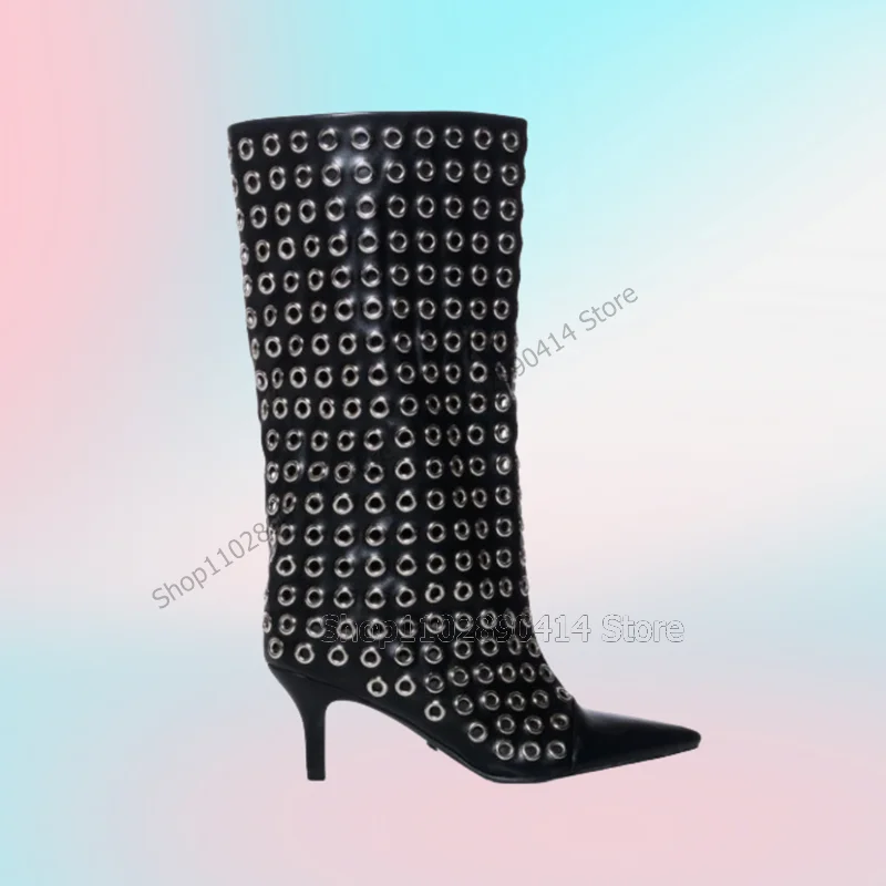 Black Large Cuff Metal Circle Design Pointed Toe Boots Slip On Women Shoes Thin High Heels New Fashion 2023 Zapatos Para Mujere