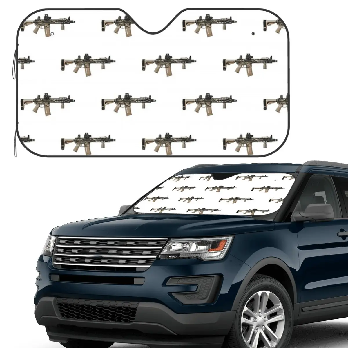 

AR-15 Tan Camo Gun - White Sunshade Windscreen Car Front Windshield Window Sun Visor Accessories Covers