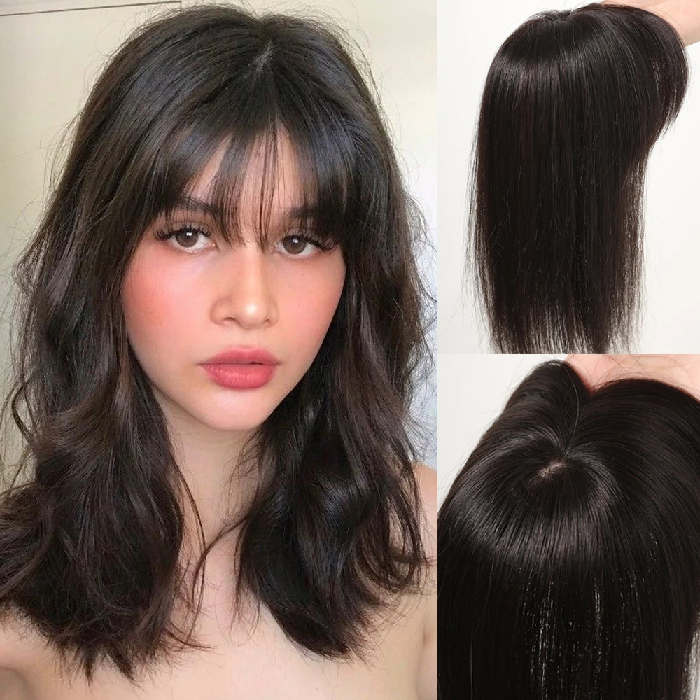 100% Remy Human Hair Toppers Black Natural Color Human Hair Toppers with Bangs Silk Base Clip in Topper for Women Thinning Hair